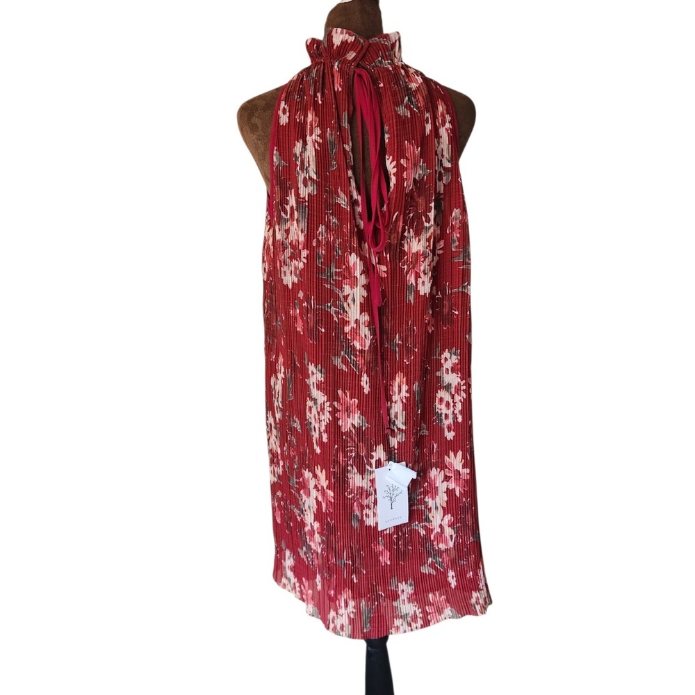 NWT Anthropologie Sundays Pleated Dress Red Meadow Floral Ruffle Neck S‎ $98 - Picture 2 of 7